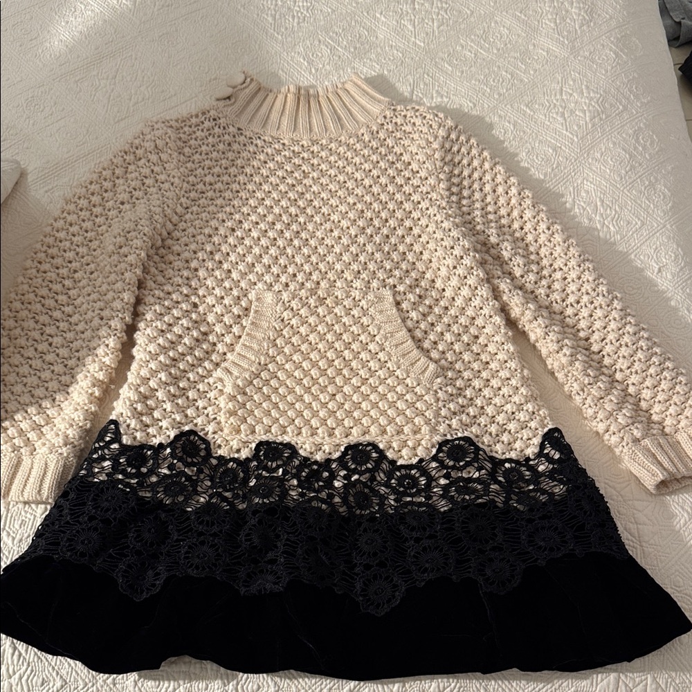 Cream and Black Knit Dress with Lace Hem